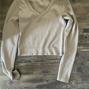 V-Neck Ribbed Long Sleeve Top - Beige